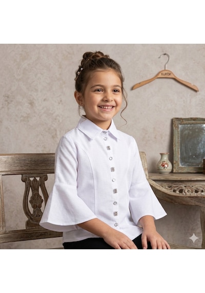 Elayza İncilerle Süslü %70 Pamuklu Kız Çocuk Beyaz Gömlek/ 23 Nisan Okul Gömleği 329