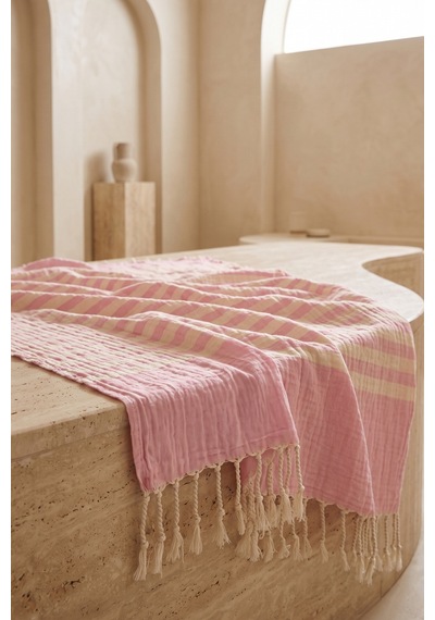 2 Kat Müslin Peştemal 100x170 Cm %100 Pamuk Çizgili Püsküllü Plaj Banyo Ve Hamam Peştemali Pembe
