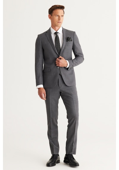 AC&Co / Altınyıldız Classics Erkek Gri Slim Fit Dar Kesim Mono Yaka Cordura Kumaş Yünlü Takım Elbise Gri