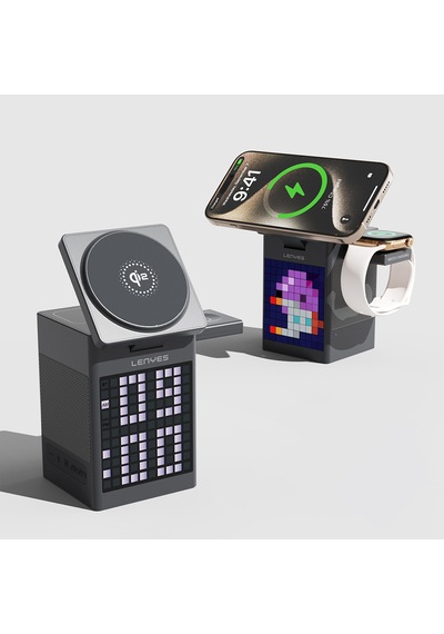 Lenyes Pw320 15w 6in1 Kablosuz Şarj Standı Qi2 Teknolojili Alarmlı Speaker Özellikli Gri