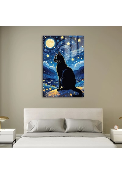 Yıldızlı Gecenin Seyri: Kara Kedi Ve Büyülü Ay Cam Tablo
