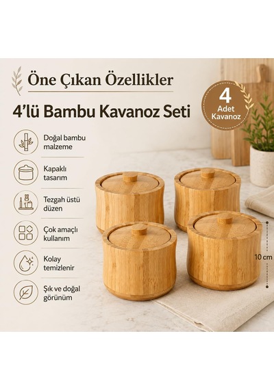 4'lü Bambu Kavanoz Seti, Kapaklı Mutfak Saklama Ve Baharatlık Çok Renkli
