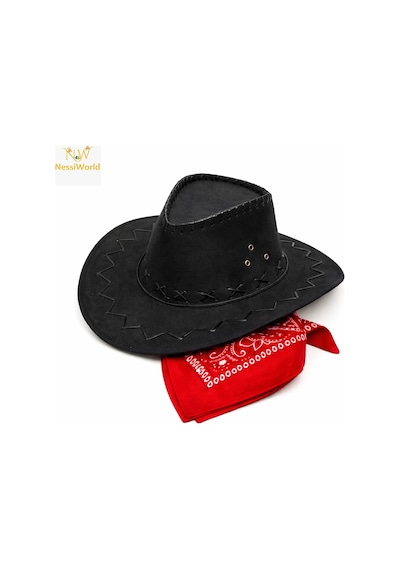 Nessiworld Çocuk Kovboy Şapka Siyah &amp Kırmızı Bandana Seti Çok Renkli