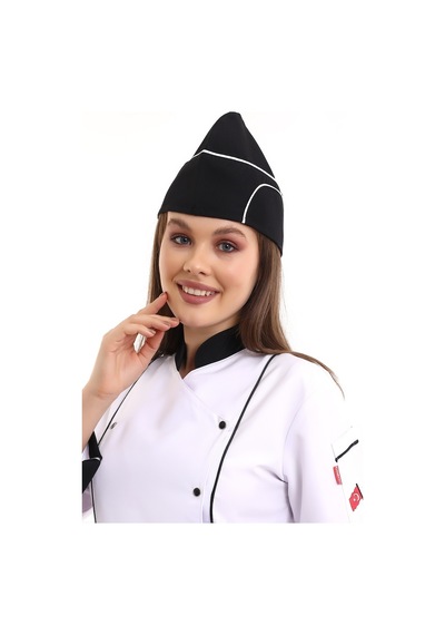 Siyah Üzerine Beyaz Biye Aşçı Kayık Kep - Unisex-Standart-Tek Parça