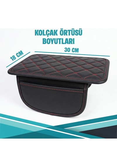 Ford Mustang Uyumlu Cepli Deri Kolçak Minderi Koruyucu Örtü Siyah Deri Kırmızı Dikiş