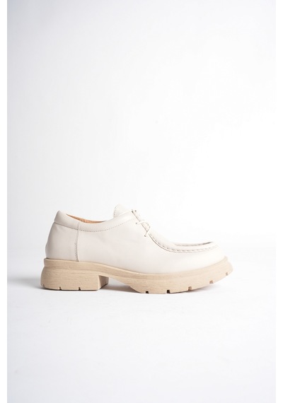 Analin Ayakkabı Kadın Hakiki Deri Light Tabanlı Bağcıklı Loafer Ayakkabı Krem