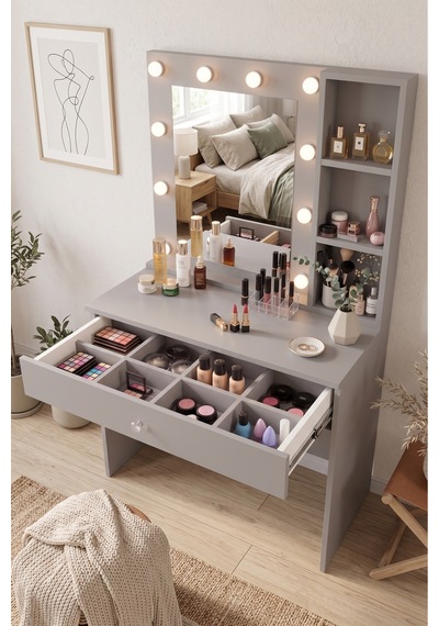 Yurudesign Monroe Makyaj Masası Çekmeceli Düzenleyici Hollywood Led Işıklı Raflı Kumsal Mo3-co Yurudesign Monroe Makyaj Masası Çekmeceli Düzenleyici Hollywood Led Işıklı Raflı Kumsal Mo3-co