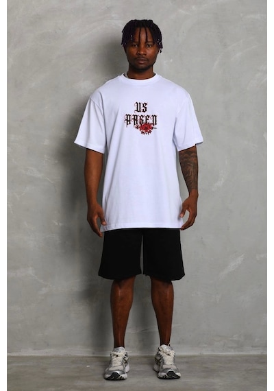 Unisex Oversize Baskılı Bisiklet Yaka T-shirt - Beyaz