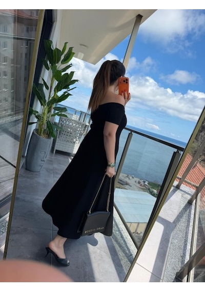 De'charme Kadın Madonna Yaka Midi Boy Modal Elbise Siyah