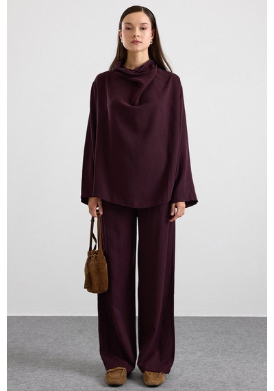 Olcay Degaje Yaka Oversize Pantolon Bluz İkili Takım Mürdüm 9483-tk