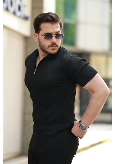 Efnaz Style Erkek Fermuarlı Yakalı Kısa Kollu Tshirt Siyah