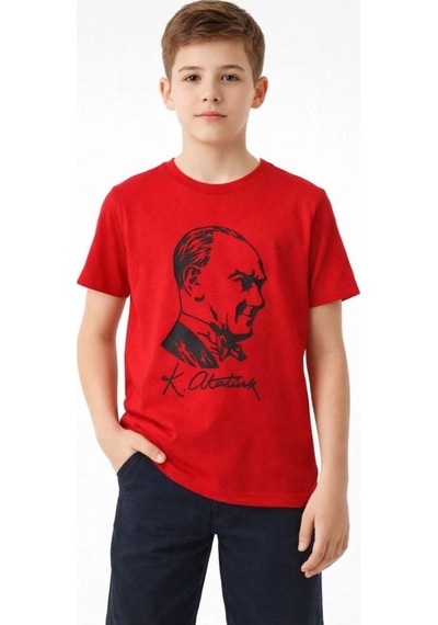 Vinevesta Erkek Çocuk Atatürk Baskılı Tişört Kısa Kollu Bisiklet Yaka T-shirt - Kırmızı Çok Renkli