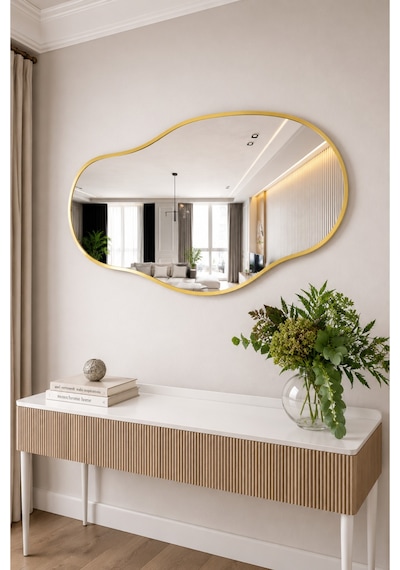 Ant Home Asimetrik Ayna Çerçeveli Ayna Duvar Aynası Konsol Aynası Banyo Aynası Çerçeveli Ayna Gold