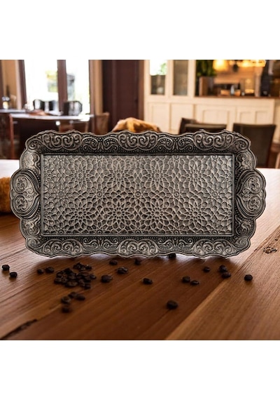 Osmanlı Motifli Küçük Metal Servis Tepsisi Dekoratif Sunum Tepsisi, 36 X 18 Cm, 306 G Antik Siyah