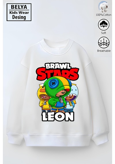 Belyakidswear Tam Kalıp Oversize Erkek Çocuk Pamuğa Pamuk 3 İplik Kumaş Star1 Tasarım Sweatshirt Beyaz