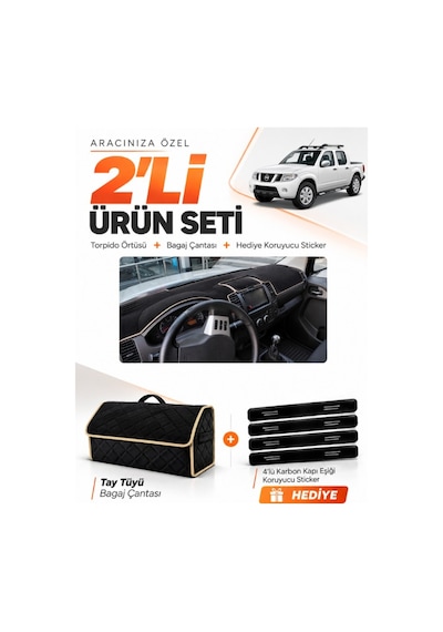 E-biz Nissan Navara 2005-2015 Uyumlu Torpido Örtüsü + Tay Tüyü Bagaj Çantası - Siyah-bej - Nı009