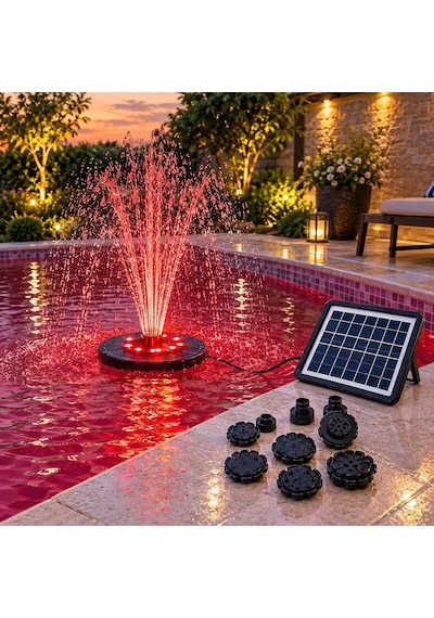 Güneş Enerjili Rgb Led Işıklı Havuz Fıskiyesi - Solar Panelli Yüzer Fıskiye Çoklu Püskürtme Başlıklı Gölet Süs Fıskiyesi & Kuş Banyosu