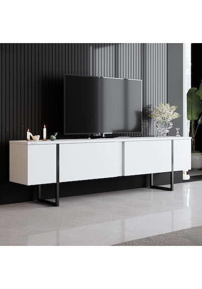 Luxe Siyah Demir Ayaklı Beyaz Tv Ünitesi Tv Sehpası Beyaz - Siyah