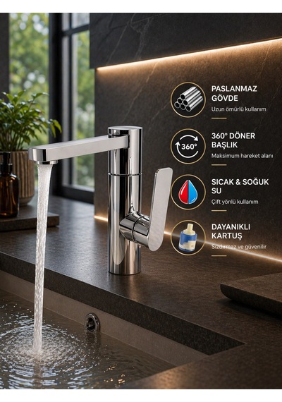 Viosa Lüx Premium Silva 360 Döner Borulu Banyo Lavabo Bataryası Çeşmesi Musluğu Siyah
