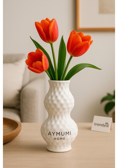 Dekoratif Beyaz Seramik Dokulu Çiçek Vazosu Modern Ev Aksesuarı
