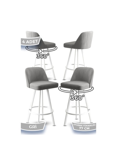 Canisa Atex Serisi 4 Adet Gri Bar Sandalyesi 360 C Döner Bar Sandalyesi Babyface Kumaş Beyaz Metal Ayak Sandalye Gri Ayakları Beyaz