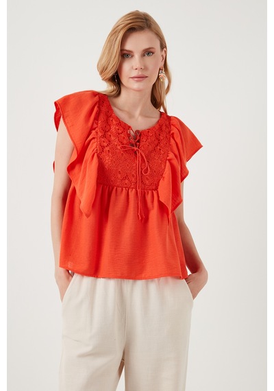 Lela Regular Fit Önden Bağlamalı Volanlı Bayan Bluz 611Fb20064 Oranj