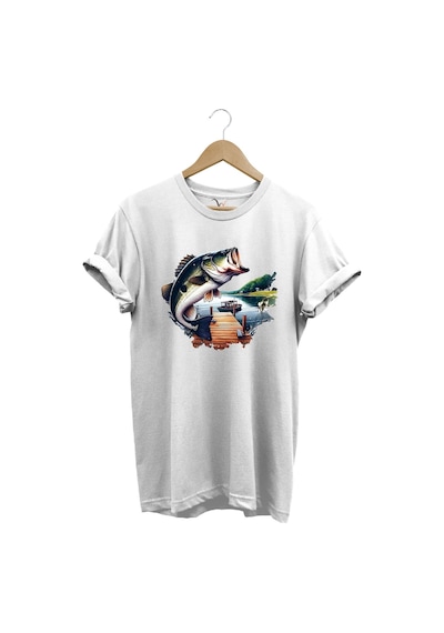 Balıkçılık Siyah Levrek Baskılı Manzara İskele Ve Tekne Balıkçılığı %100 Pamuk Regular Fit T-shirt Beyaz