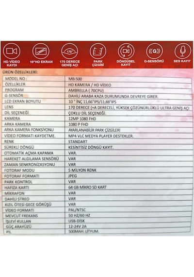 NYF Wevolt DVR Kayıt Cihazı 10 inç Dikiz Ayna Ekranlı Çift Kamera