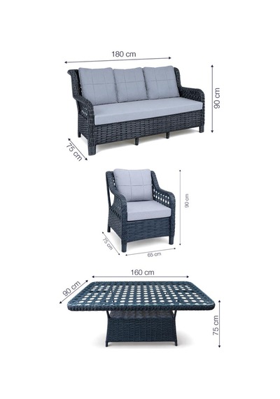 Niron Grand 3'lü Rattan Alüminyum Bahçe Oturma Grubu - Antrasit Temperli Cam Set 3+1+1+puf