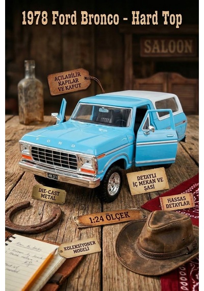 1978 Ford Bronco Hard Top 1:24 Ölçek Die-cast Metal Model Araba - Mavi/beyaz - Motor Max Çok Renkli