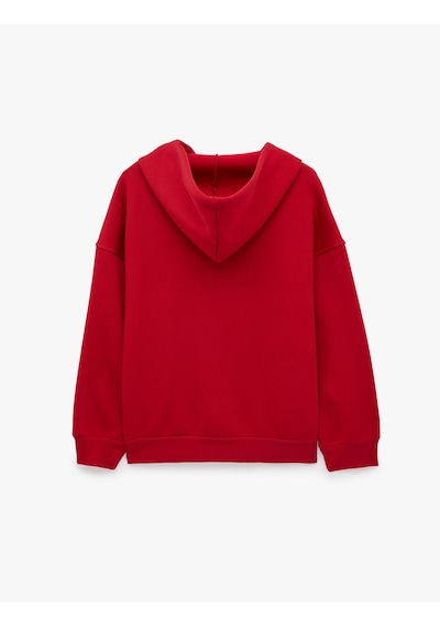 Koton Üç İplik Şardonlu Uzun Kollu Kapüşonlu Baskılı Fermuarlı Sweatshirt Kırmızı 7wal90005ık