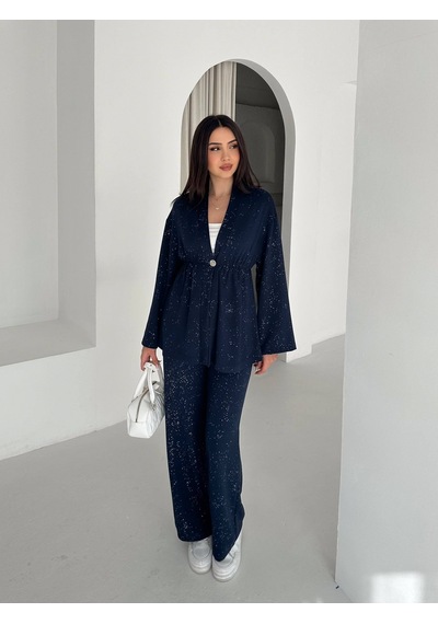 Kadın Simli Uzun Kol Modal Kumaş Kimono Pantolon İkili Takım Şık Ve Rahat Kadın Takım Lacivert Kadın Simli Uzun Kol Modal Kumaş Kimono Pantolon İkili Takım Şık Ve Rahat Kadın Takım Lacivert