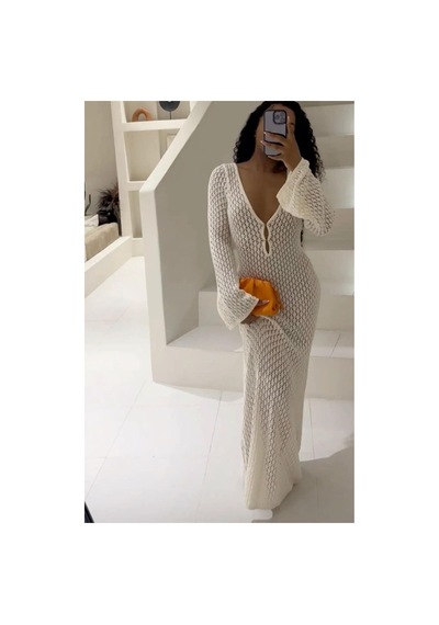 De Pose Positano İnci Bağlama Detay Ekru Maxi Boy Ajurlu/delikli Pamuk Yazlık Elbise