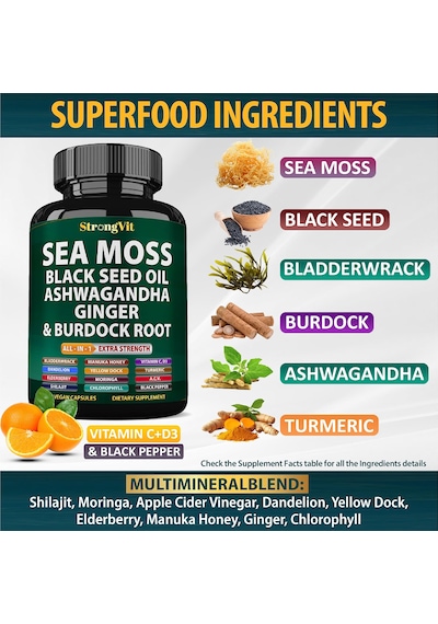 Strongvit Sea Moss Black Seed Oil,hint Ginseng, Burdock Root All-in-1 Extra Strength 60 Vegan Kapsülleri