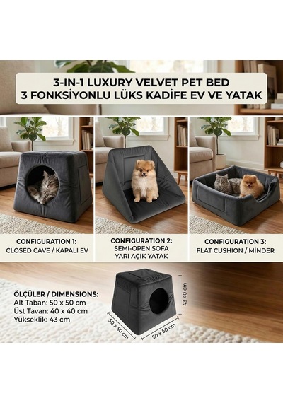 3in1 Kedi Köpek Yatağı Ve Oyujn Evi - Üç Fonksiyonlu Kedi Ve Küçük Irk Köpekler İçin Yatak-minder-yuva - 50 X 50 Cm