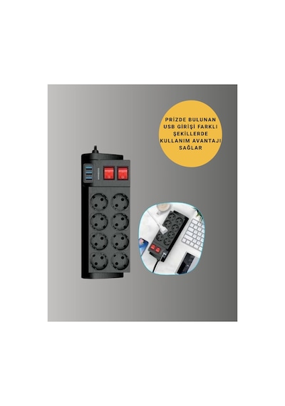 Güçlü Termal Korumalı 8 Priz + 3 Usb Çoklu Uzatma Kablosu 2m - Hs08377954-3736 Renkli