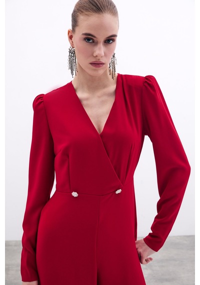 Sateen Kruvaze Süs Taşlı Krep Tulum - Kırmızı