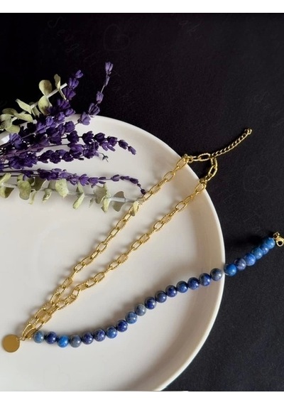 Lapis Lazuli Doğal Taş Kabartma Zincirli Gold Çelik Kolye Altın