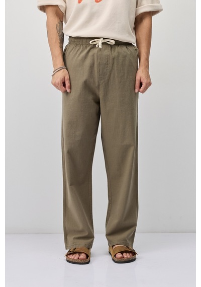 Vamos Bağcıklı Baggy Fit Keten Pantolon Haki