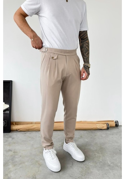 Bej Kemer Detaylı Regular Fit Kumaş Pantolon