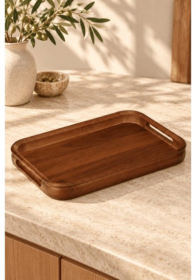 Akasya Ahşap Kulplu Servis Tepsisi 38x24x4 Cm - Dikdörtgen Kahvaltı Ve Kahve Sunum Tepsisi Çok Renkli