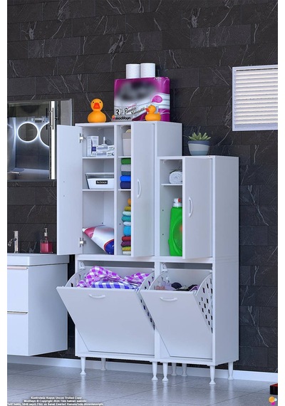 Ohbe 65 + 35cm Genişlik 160cm Boy 32,5cm Derinlik Kirli Sepetli 3 Kapaklı Çok Amaçlı Banyo Dolabı 65 + 35cm