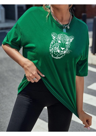 Flood Of Style Kadın Yeşil Leopar Figür Baskılı Oversize T-shirt