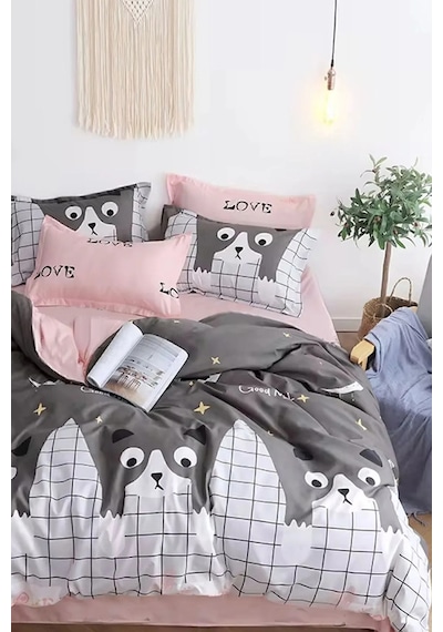 İqon Lastikli Çarşaflı Nevresim Takımı Çift Kişilik Good Night Cats Good Night Cats Gri