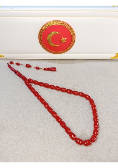 Sıkma Kehribar Tesbih Kırmızı Renkli