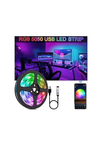 Mighty 5 Metre Usb Kumandalı Rgb Telefon Kontrollü Mutfak Dolabı Tv Arkası Animasyonlu Şerit Led Parti