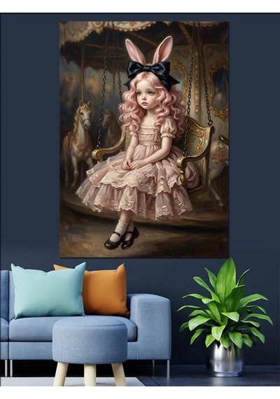Tavşan Kulaklı Masalsı Küçük Kız Dekoratif Kanvas - Mdf Ahşap Tablo