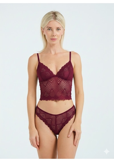 Dantel Detaylı Esnek Bralet & Slip Takımı Bordo