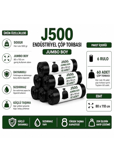 80x110 Cm 500 Gr Jumbo Boy Endüstriyel Boy Çöp Torbası - Sızdırmaz Yıldız Dip Kaynaklı 6 Rulo / 60 Adet