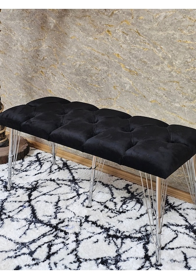 Zafir Metal Krom Tel Ayaklı 100 Cm Puf Bench - Puf - Bench - Oturak - Mutfak Oturağı - Antre Oturağı Siyah